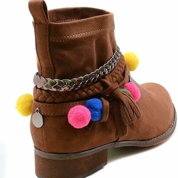 Funky Cowgirl Tan Braided Anklet Removable Pom Pom Charm Vegan Boots NIB Western - Picture 5 of 5